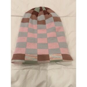 Free People Plaid Knit Beanie Pink Brown Green Y2K Cuffed Hat OS